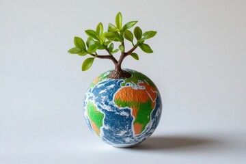 A small plant sprouts from a painted globe, symbolizing environmental protection and a sustainable future.
