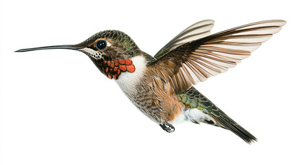 A vibrant hummingbird in mid-flight, isolated on a pure white background, extremely detailed feathers, natural lighting, professional wildlife photography style, high-resolution macro shot, shallow de