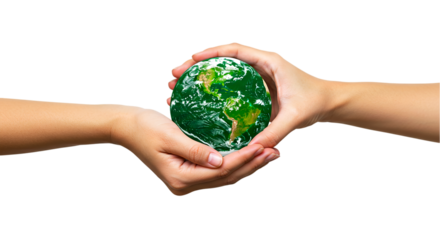 Two hands holding a green earth globe against a black background symbolizing environmental protection