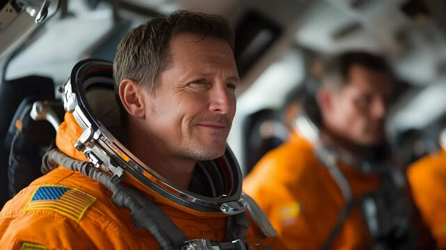 Astronaut Inside Spacecraft Wearing Orange Suit with Flag Patch Smiling Looking Confidently Ahead