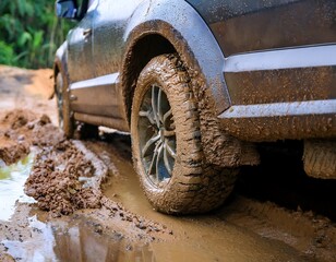 Naklejka premium Close-up of a vehicle's tire navigating through a muddy, off-road terrain, showing the wheel's details.