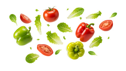 Naklejka premium Falling vegetables fresh salad of bell pepper tomato and lettuce