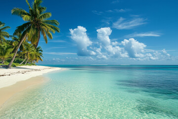 Naklejka premium : A tropical island paradise with clear blue waters, palm trees, and golden sandy beaches.