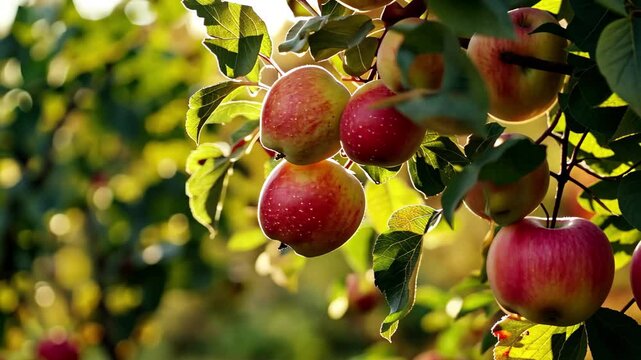 Vibrant apple tree bearing red apples under golden sunlight in rural field setting, apple tree with red apple fruit on field on golden time sunlight video in background