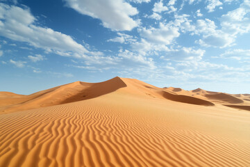 : A vast desert landscape with rolling sand dunes, wind creating intricate patterns in the sand.