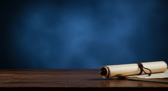 Closeup of an ancient scroll resting on a wooden table, evoking a sense of nostalgia with a rich dark blue background, representing history and storytelling
