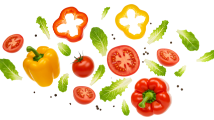 Falling vegetables fresh salad of bell pepper tomato and lettuce