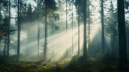 Obraz premium Mysterious forest with sun rays and fog, filtered background.