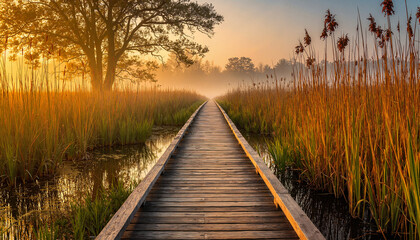 Fototapeta premium Wooden boardwalk misty wetland tranquility at sunrise golden light background