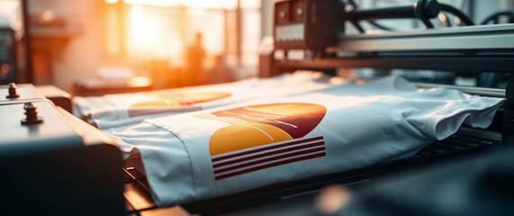 Printing machine printing t-shirts with modern design at clothing factory