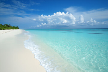 A peaceful beach with crystal-clear turquoise waters gently lapping against white sand.