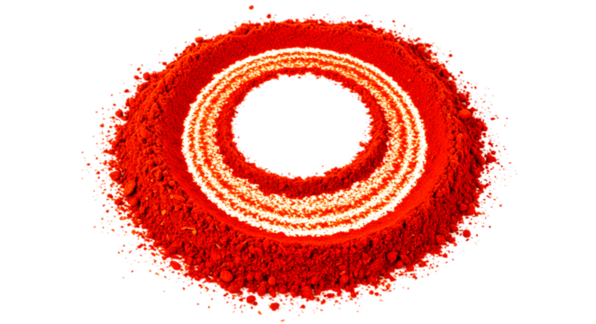A vibrant red powder arranged in concentric circles on a black background creating an eye shape - Powered by Adobe