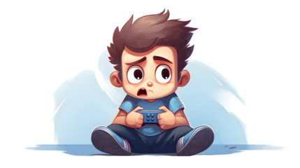 Young Boy Playing Video Game with Sad Expression Cartoon Illustration