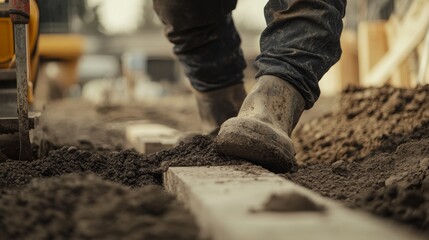 Naklejka premium Construction worker leveling the ground for foundation work. Featuring precision and hard work