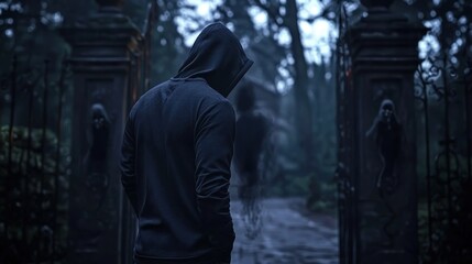 Mysterious figure at gothic gates, ghostly figures in background, dark moody scene