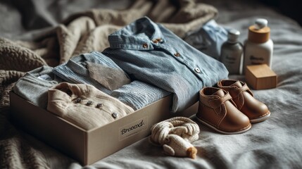 Fototapeta premium Box on bed with baby clothes, shoes, and accessories. Newborn gift concept.