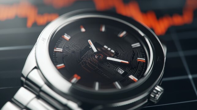 Stylish wristwatch with sleek design showcasing precision timekeeping beside heartbeat monitor analysis