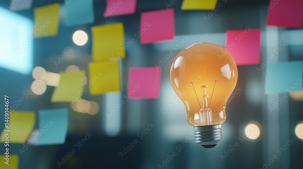 Poster creative brainstorming session with glowing light bulb and colorful sticky notes in a modern workspa
