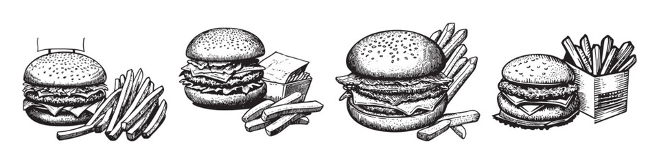 Hand-drawn illustration of burgers and fries in vintage style, logo design, engraving design, vector illustration, logo design, engraving design, vector illustration