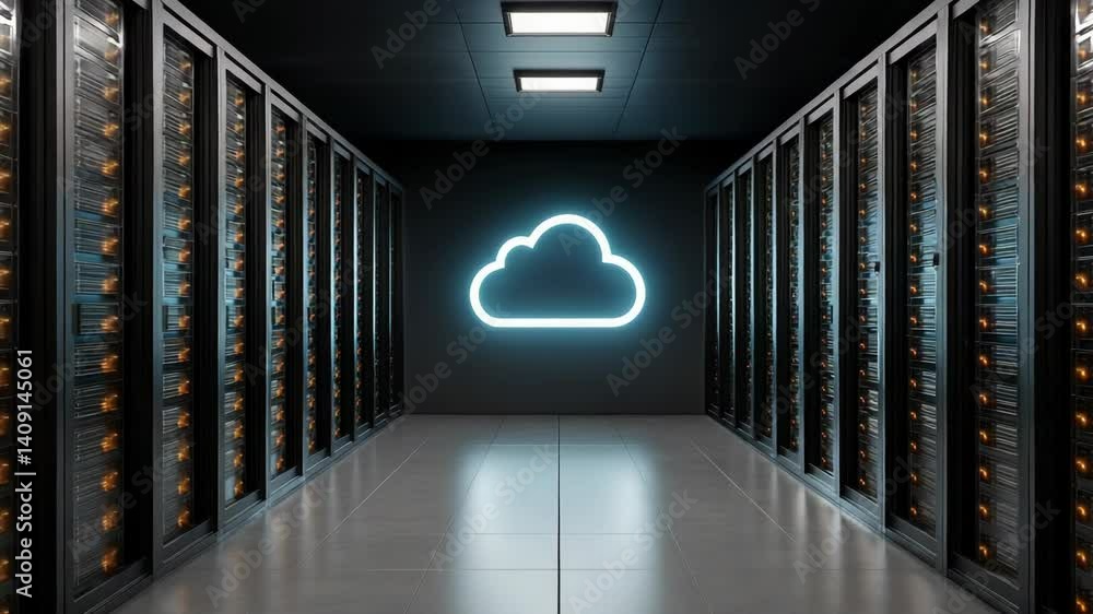 Poster data center server racks in an illuminated corridor with cloud neon sign against the back wall, comp