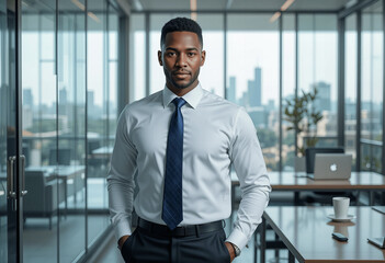 Fototapeta premium Confident Black Businessman in Modern Office