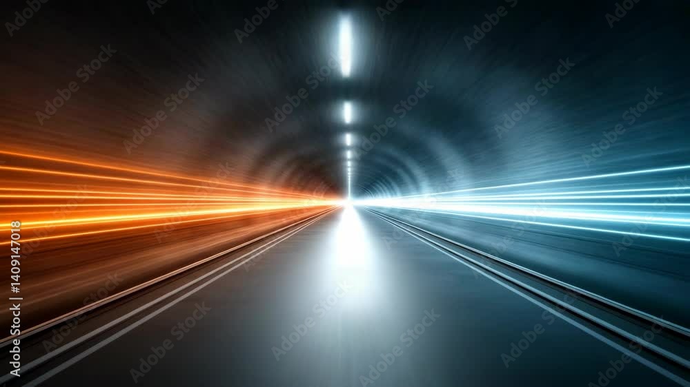 Poster abstract tunnel perspective with dynamic motion blur, blue and orange light streaks representing hig