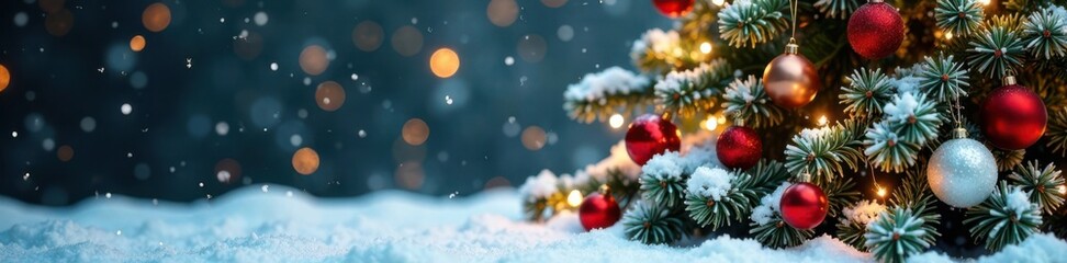 Snow-covered Christmas tree with ornaments and garlands , sparkling, trees