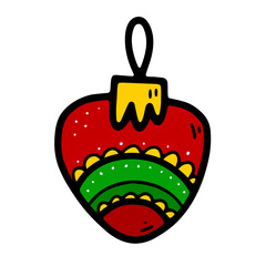 Doodle Christmas ball image. Seasonal ornament Toy isolated on white background. Color festive decoration. Vector New Year illustration. Traditional sign. Cute red hand drawn winter holidays symbol