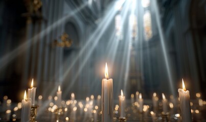 Sunlit church interior with rows of candles and light rays.