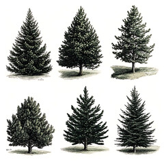 Obraz premium illustrations of various trees, leaves, grasses, and botanical elements on white background.