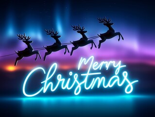 Reindeer flying over northern lights with glowing Merry Christmas text in the background during winter nighttime. glowing Merry Christmas and reindeer soar through the night sky, festive greeting