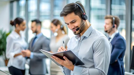 A smiling business team in a call center office uses headsets for customer service and telemarketing communication support