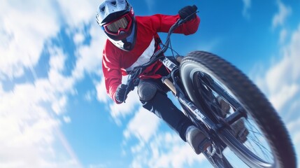 Fototapeta premium Mountain biker performing aerial stunt against bright blue sky during daytime in a thrilling outdoor adventure setting
