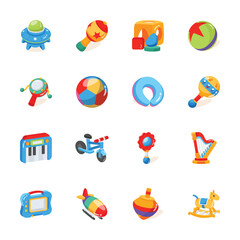 Well designed handy collection showing baby equipment and toys 3d icons