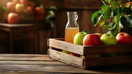 Apples and Cider in Wooden Crate on Rustic Table
