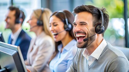 Fototapeta premium A smiling business team in a call center office uses headsets for customer service and telemarketing communication support