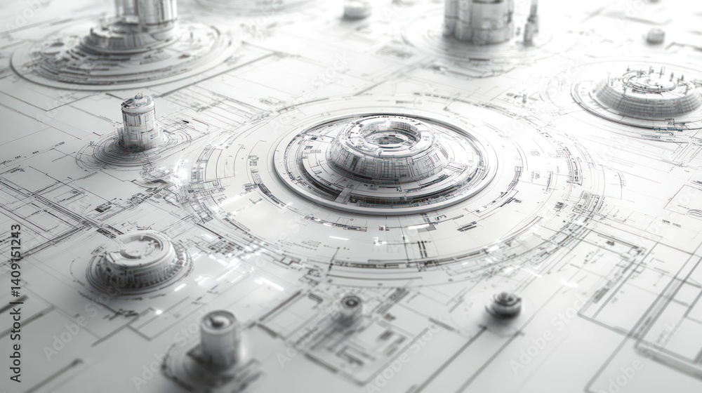 Poster futuristic technological blueprint: abstract 3d render of a complex system