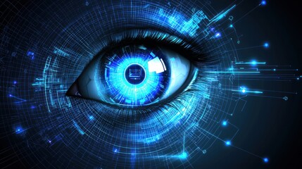 Futuristic eye with digital overlay.  Advanced eye technology, biometric scanning, and complex circuitry