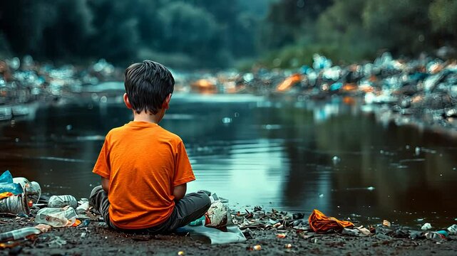 Young boy in orange shirt sitting by polluted riverbank surrounded by scattered garbage and reflecting water surface


