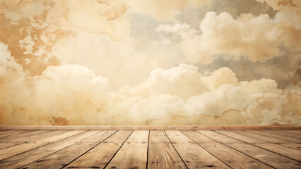 Vintage Wooden Floor and Cloudy Textured Wall Background – Rustic Interior Scene with Dreamy Atmosphere