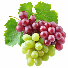 Fototapeta premium Fresh red and green grape clusters with green leaves, ripe, juicy, sweet, healthy fruit, perfect for food and drink ingredients, isolated on transparent background.
