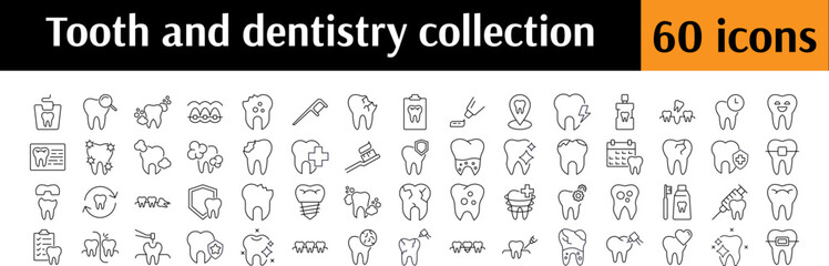 Dentistry Line Icon Bundle. Teeth, Dental Floss, Caries, Cleaning Outline Signs for Graphic and Web Design, Apps, Adverts, Various Cards