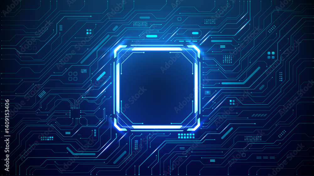 Poster Technology quantum blue portal on circuit motherboard with thin line glowing wires. Tech background. Ai chip concept. Abstract light neon square frame HUD. Computer digital bg. Vector illustration