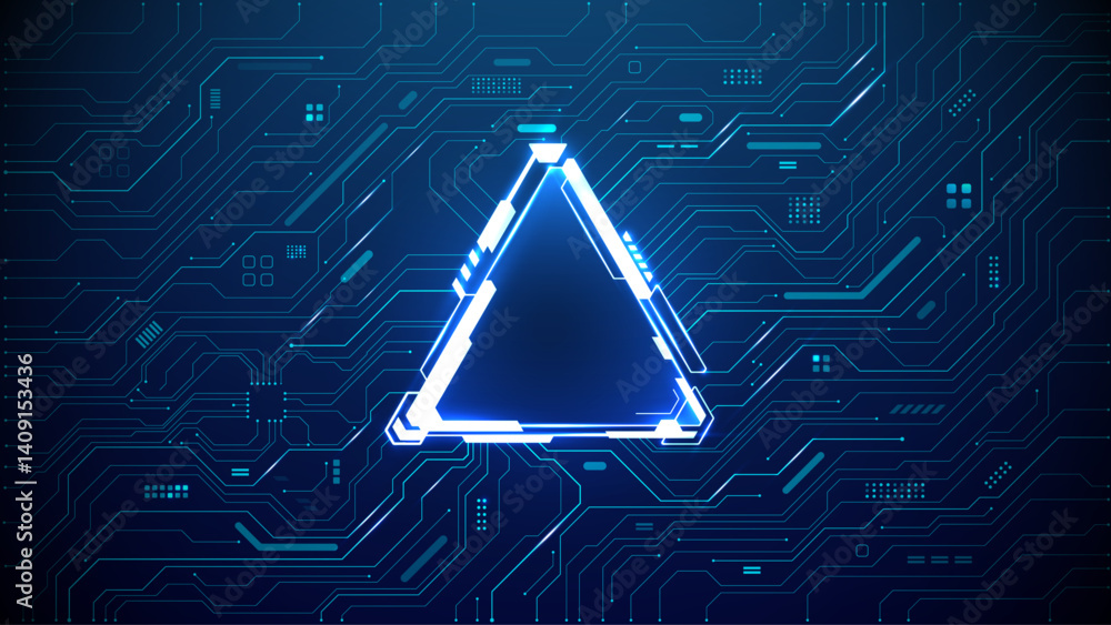 Poster AI triangle light glowing portal with neon design elements on circuit board technology background. Artificial intelligence concept. Futuristic HUD frame in the center of tech bg. Vector illustration.