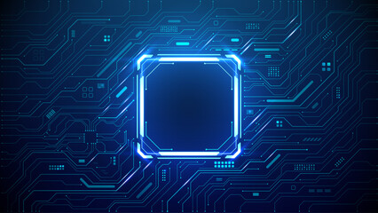 Technology quantum blue portal on circuit motherboard with thin line glowing wires. Tech background. Ai chip concept. Abstract light neon square frame HUD. Computer digital bg. Vector illustration