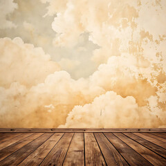 Vintage Wooden Floor and Cloudy Textured Wall Background – Rustic Interior Scene with Dreamy Atmosphere