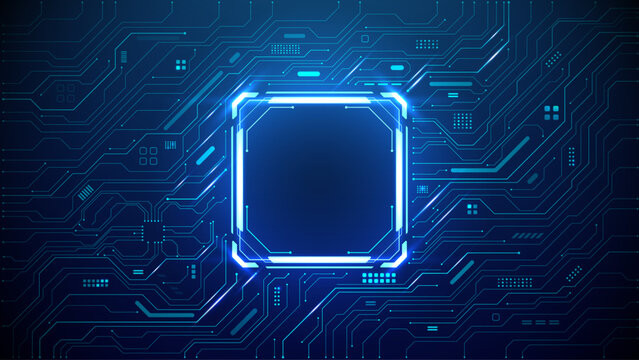 Technology quantum blue portal on circuit motherboard with thin line glowing wires. Tech background. Ai chip concept. Abstract light neon square frame HUD. Computer digital bg. Vector illustration
