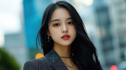 Fototapeta premium Portrait of young Asian woman in a stylish blazer, confidently looking at the camera with a friendly expression, against a blurred urban background.