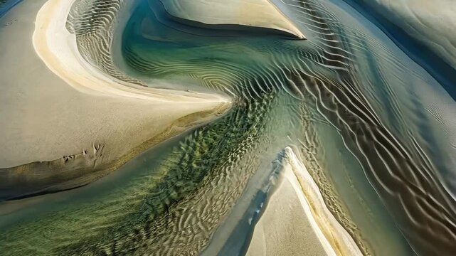Curves and patterns of sand shapes where stream meets ocean at sunset, Beauty in nature Graphic sand shapes of stream meeting ocean waves