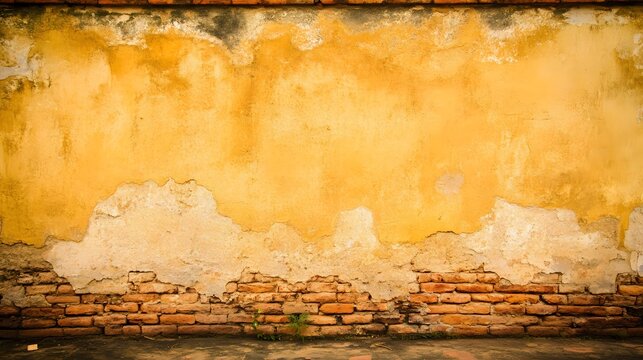 Aged Yellow Plaster Wall with Exposed Brick